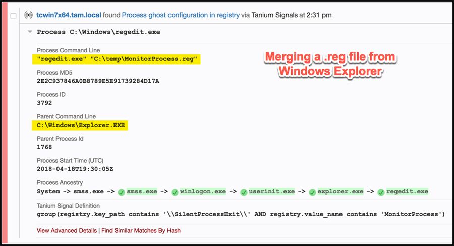 Tanium Segnali che indicano la fusione di file di registro da Esplora Windows