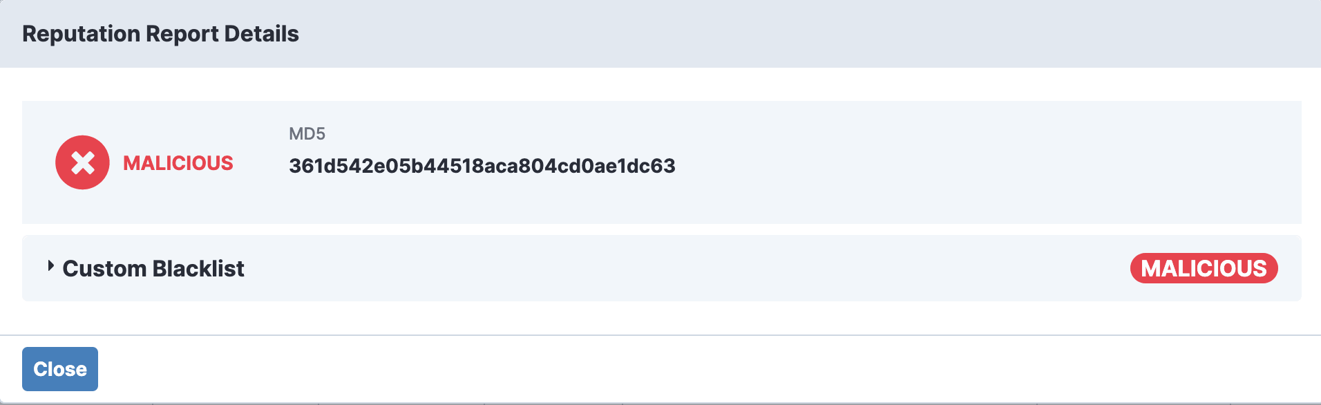 Esempio di hash dannoso di un malware.