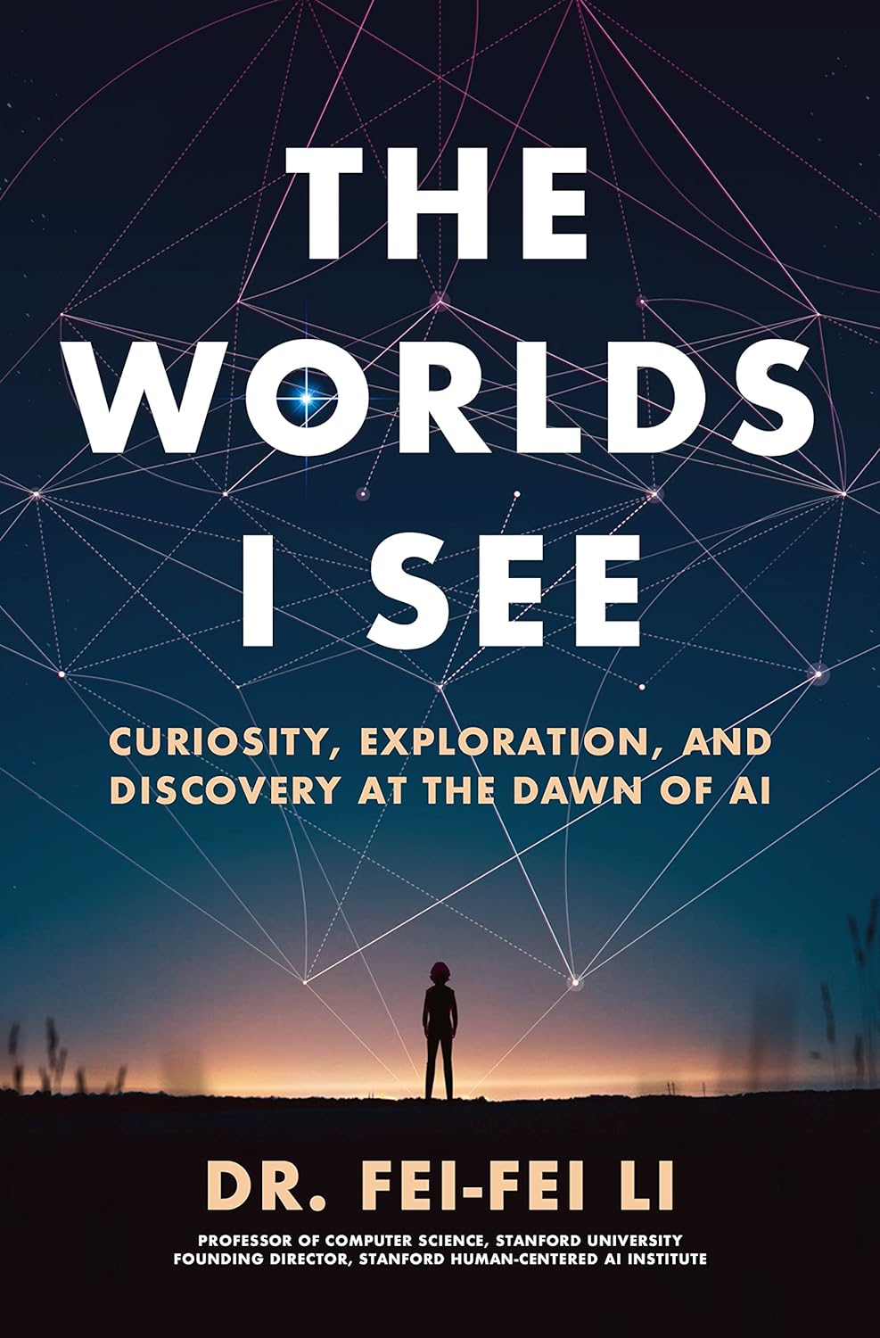 La copertina del libro *The Worlds I See*, che raffigura la sagoma di una donna in piedi in lontananza su una pianura all’alba.