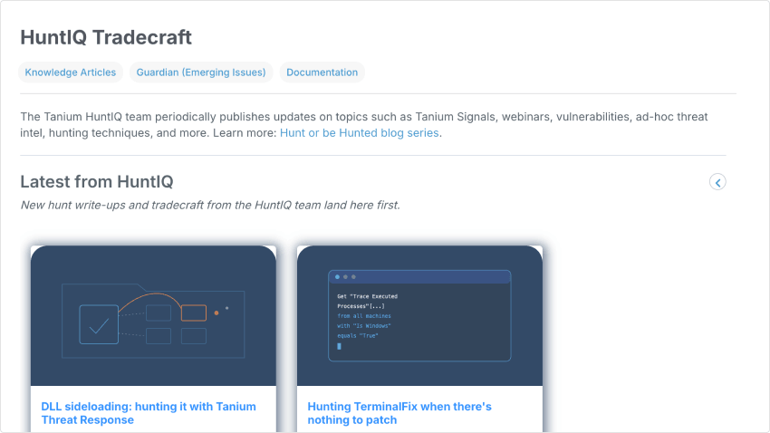 Hub HuntIQ Tradecraft che mostra le ultime novità dal feed HuntIQ relative ai resoconti delle operazioni di caccia, tra cui il sideloading di DLL e TerminalFix