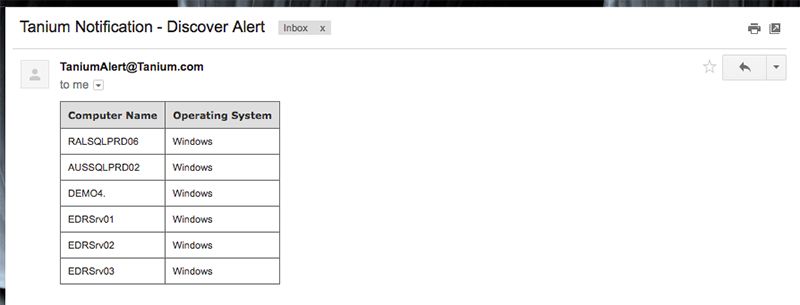 Notifica via e-mail proveniente da Tanium discover Alert che riporta l'inventario dei computer dell' Windows