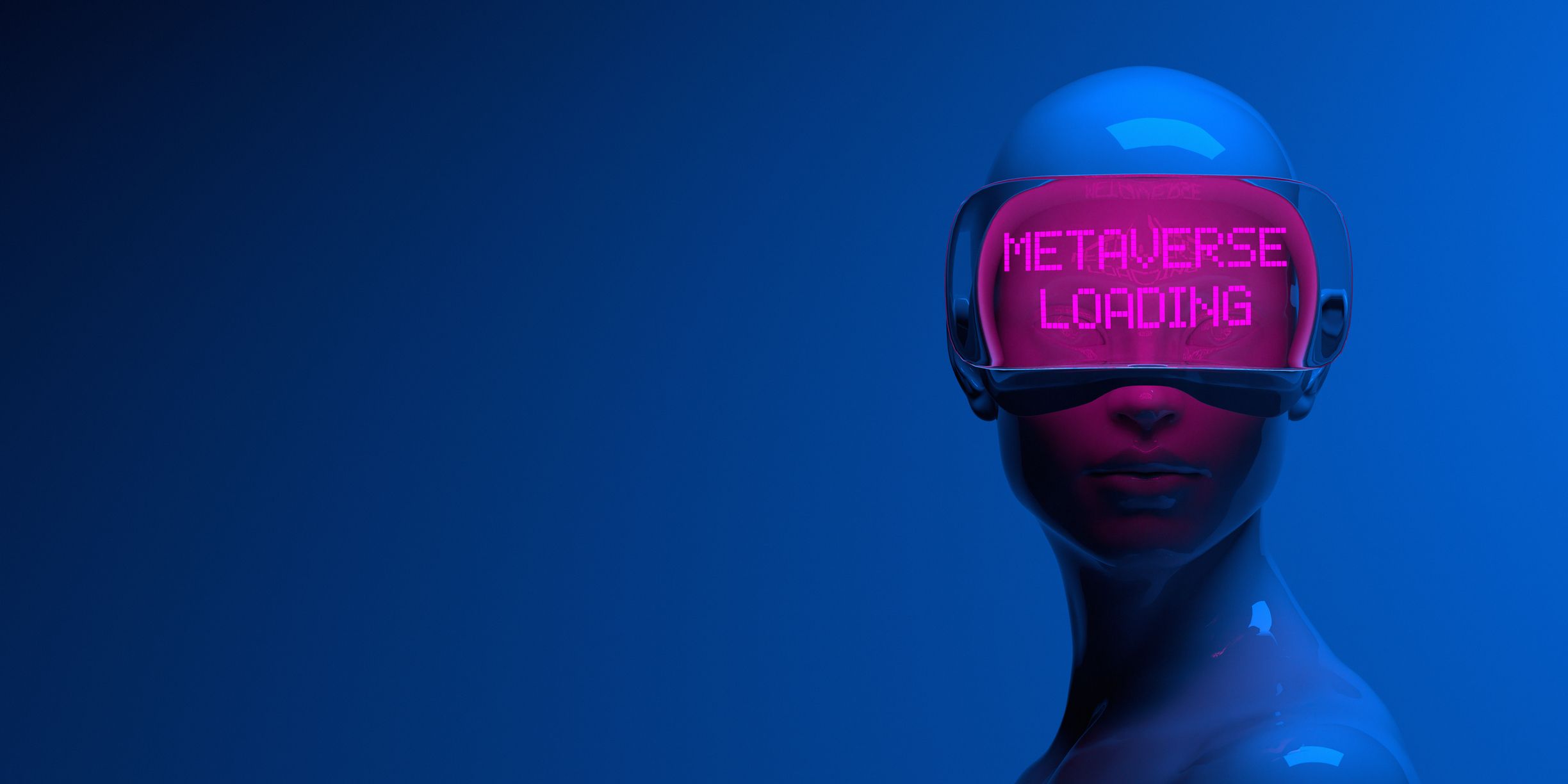 L'immagine di un avatar su uno sfondo blu scuro che indossa un visore per la realtà virtuale con la scritta "Metaverse loading" in lettere rosa neon.