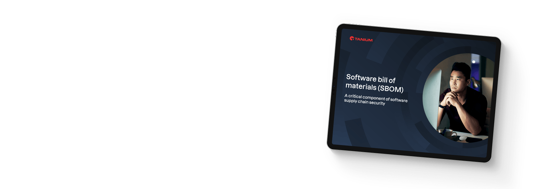 Tablet che mostra la copertina dell'ebook Software bill of materials (SBOM) con ritratto