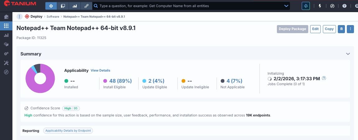 Schermata della galleria “ Deploy ” di Tanium, che include risorse per l’aggiornamento e la disinstallazione di Notepad++