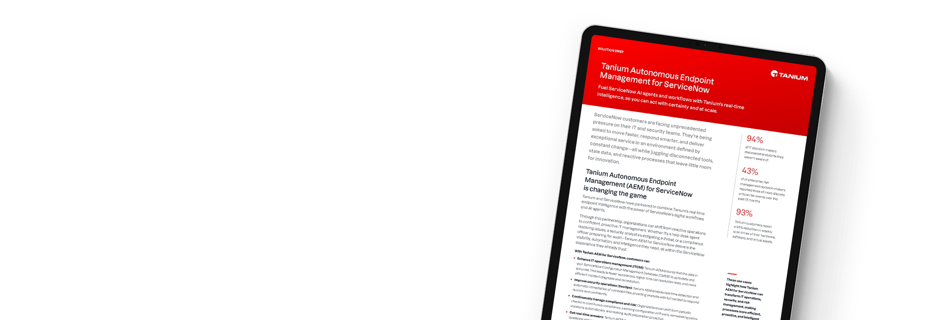 Tablet che mostra il solution brief 'Tanium + ServiceNow: Meglio Insieme'