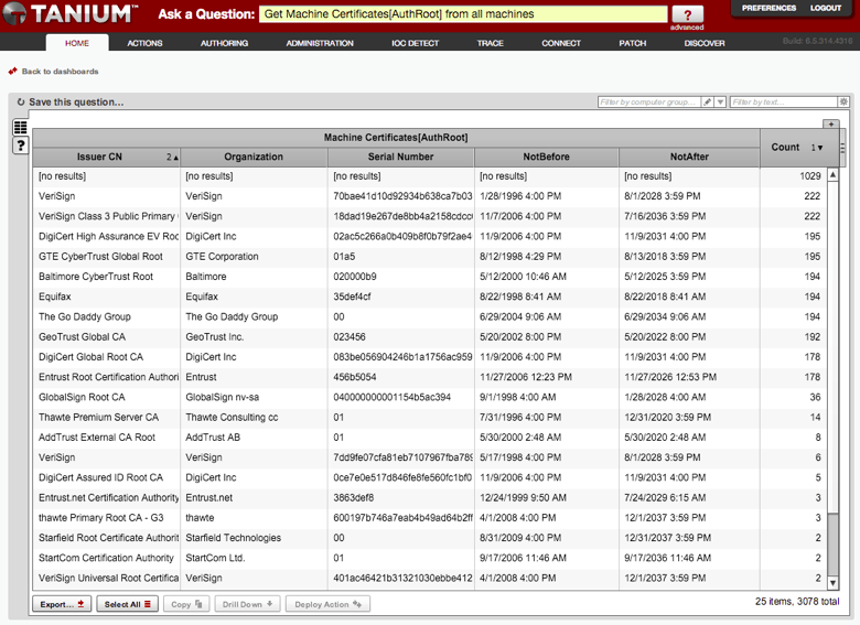 Schermata dell'interfaccia di Tanium che mostra la tabella dell'inventario dei certificati dei dispositivi con le informazioni relative all'emittente e alla scadenza