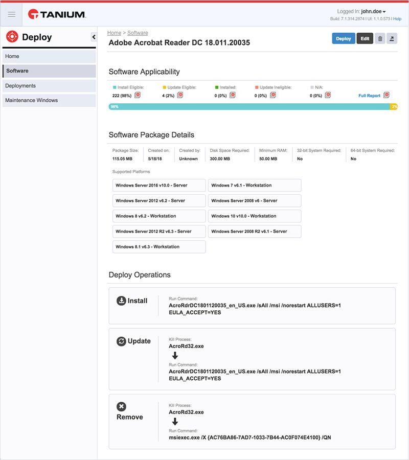 Screenshot della pagina dei dettagli del software Adobe Acrobat Reader DC, che mostra i requisiti di sistema, i dettagli del pacchetto e le operazioni di distribuzione