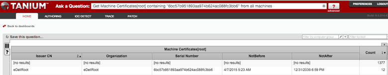 Schermata dell'interfaccia di Tanium che mostra l'elenco dei certificati dei dispositivi e il loro stato