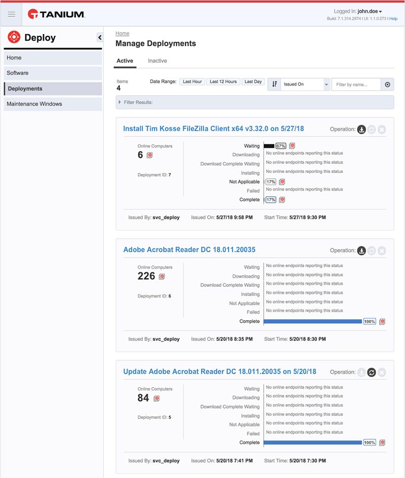 Schermata della pagina “Gestisci distribuzioni” di Tanium , in cui sono elencate le distribuzioni attive relative a FileZilla Client di Tim Kostic, Adobe Acrobat Reader e altri software