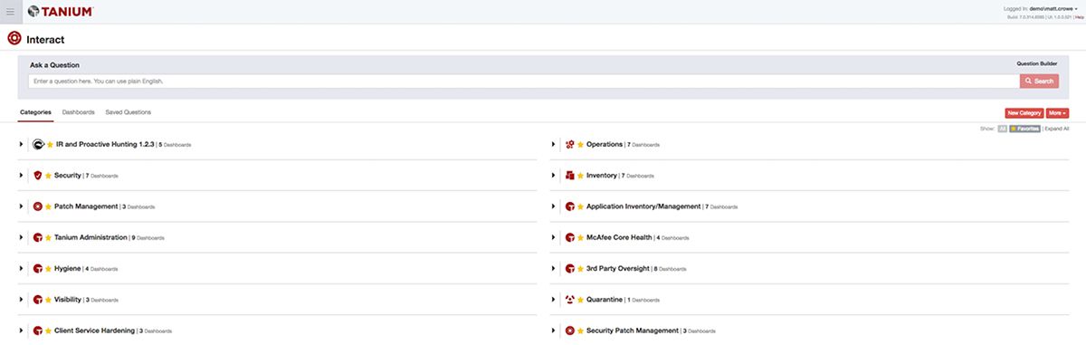 Schermata di Tanium Interact che mostra le categorie delle risorse