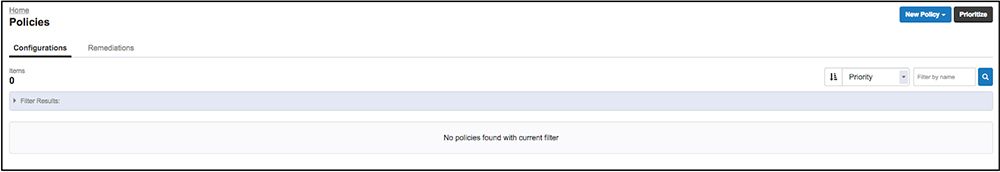 Tanium Protect Interfaccia delle politiche che mostra un elenco di politiche vuoto con le schede "Configurazione" e "Rimedio"