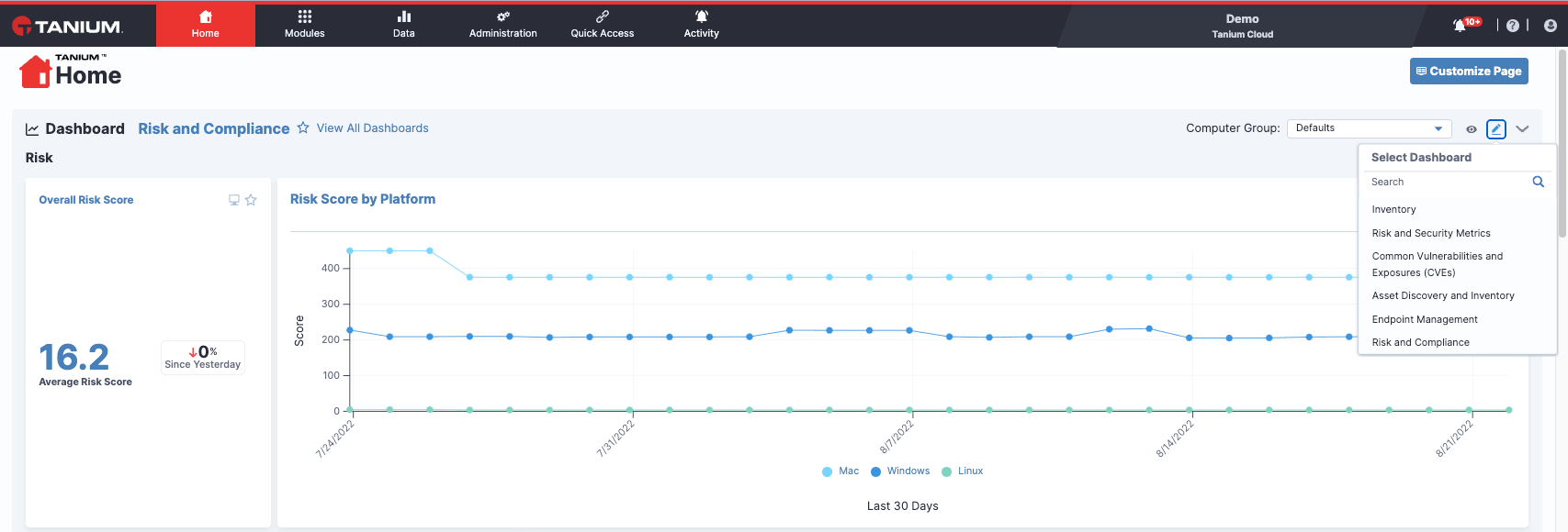 Tanium Console Screenshot della pagina iniziale