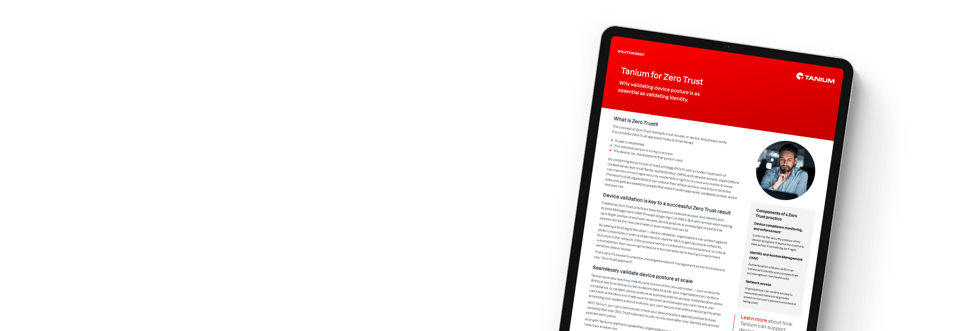 Tablet che mostra il brief della soluzione Tanium per Zero Trust con approccio di validazione