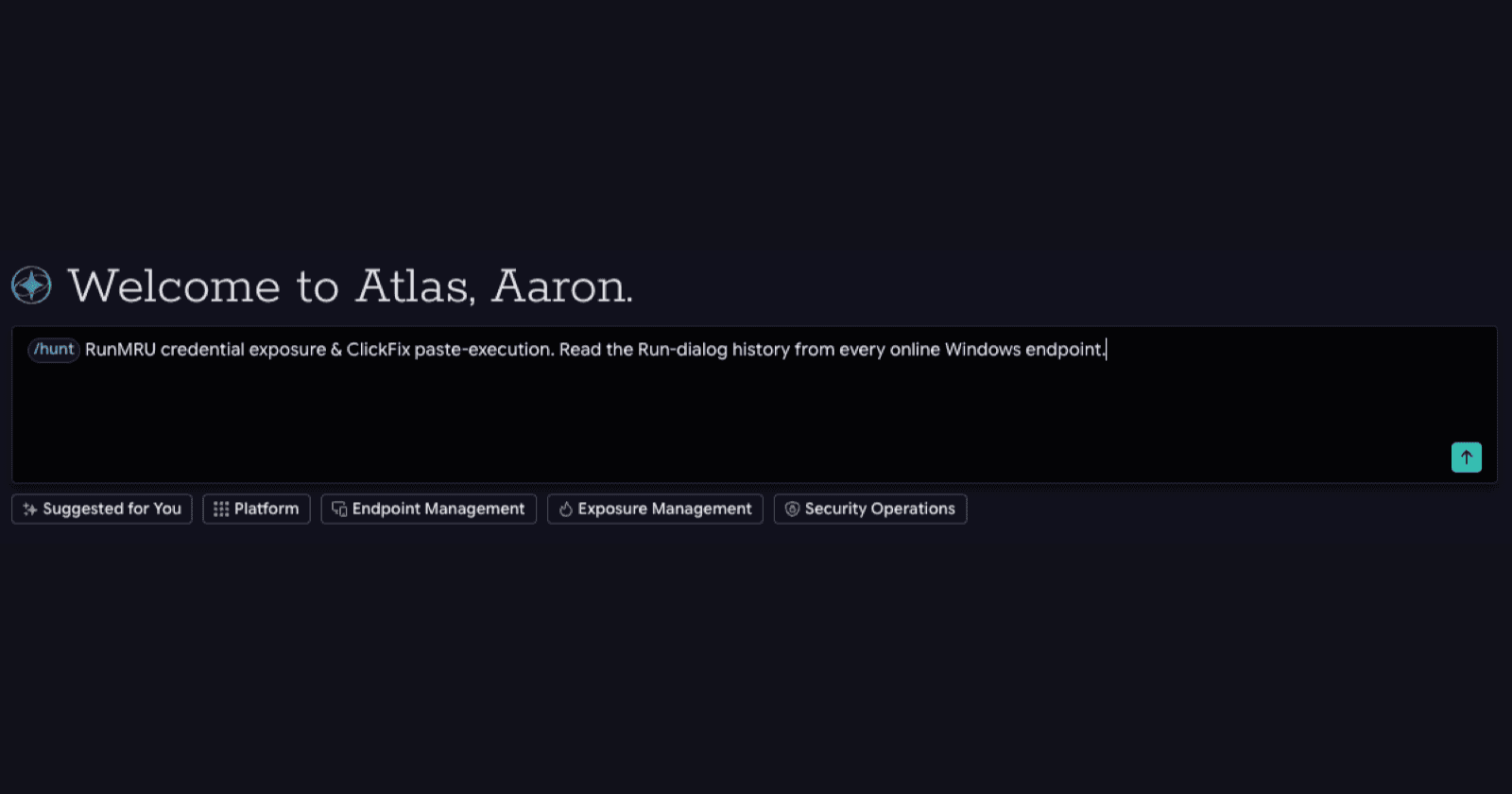 The Tanium Atlas prompt bar with a slash-hunt RunMRU credential-exposure command entered