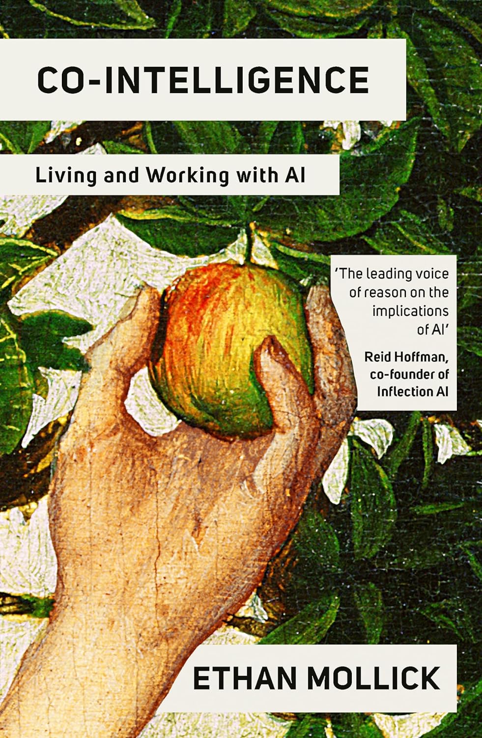 La copertina del libro *Co-Intelligence*, che raffigura un antico dipinto in cui una mano raccoglie una mela da un albero.