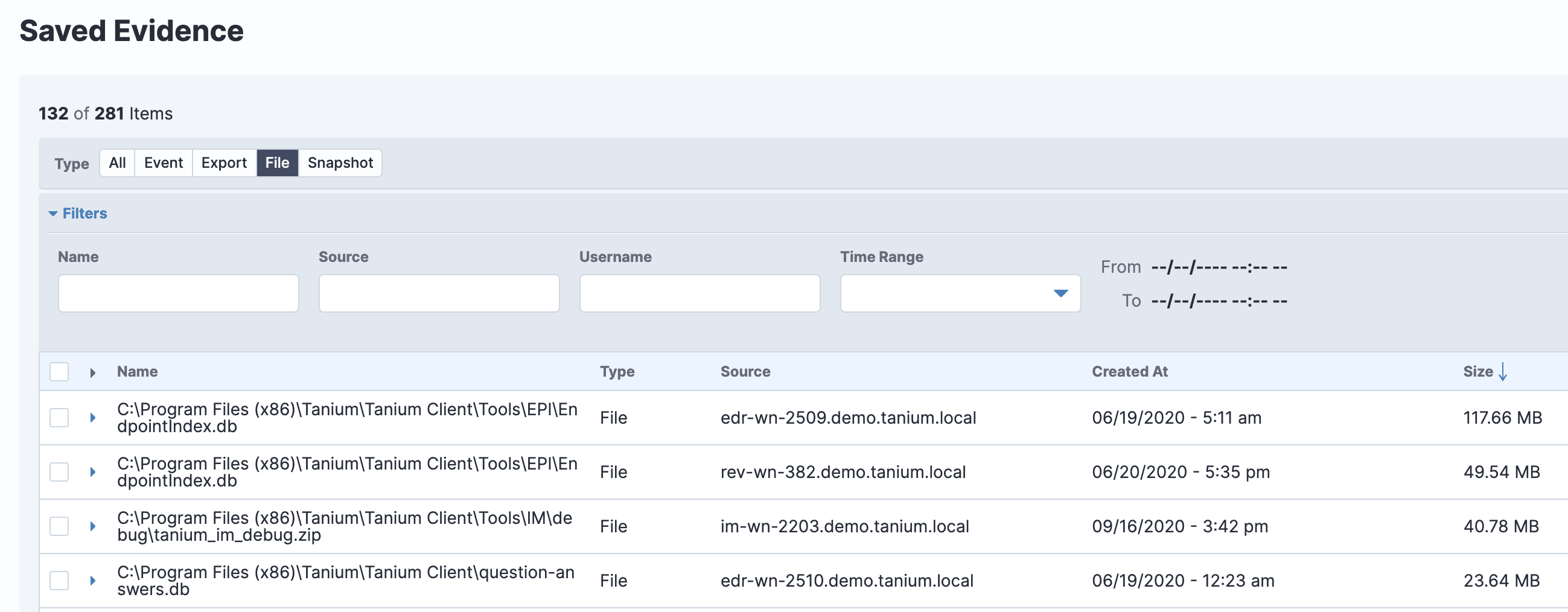 Immagine che mostra come Tanium Threat Response sia in grado di raccogliere le prove forensi da un endpoint.