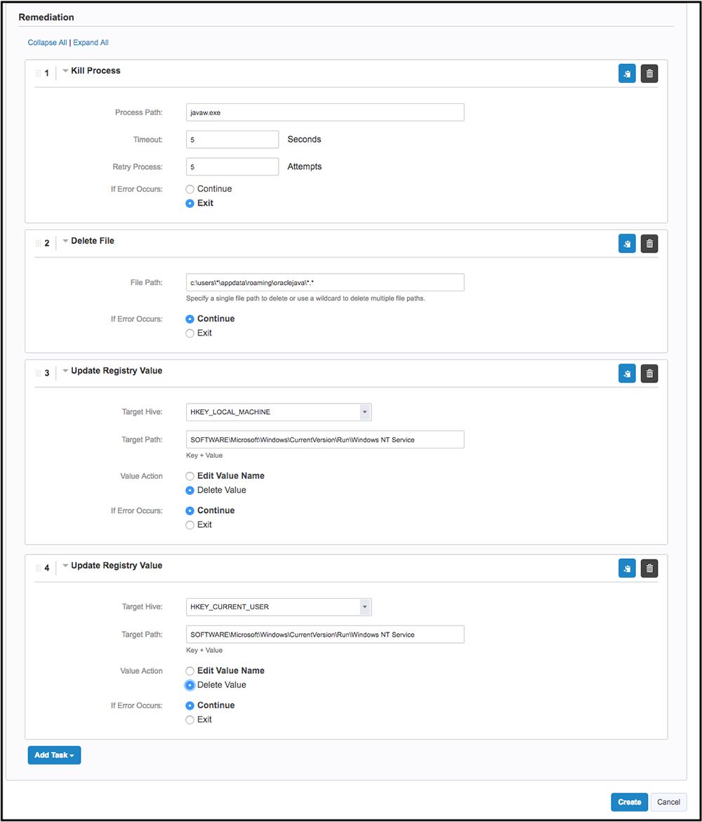 Tanium Protect politica di riparazione che illustra diverse operazioni di riparazione volte a terminare i processi malware e a ripulire il Registro di sistema