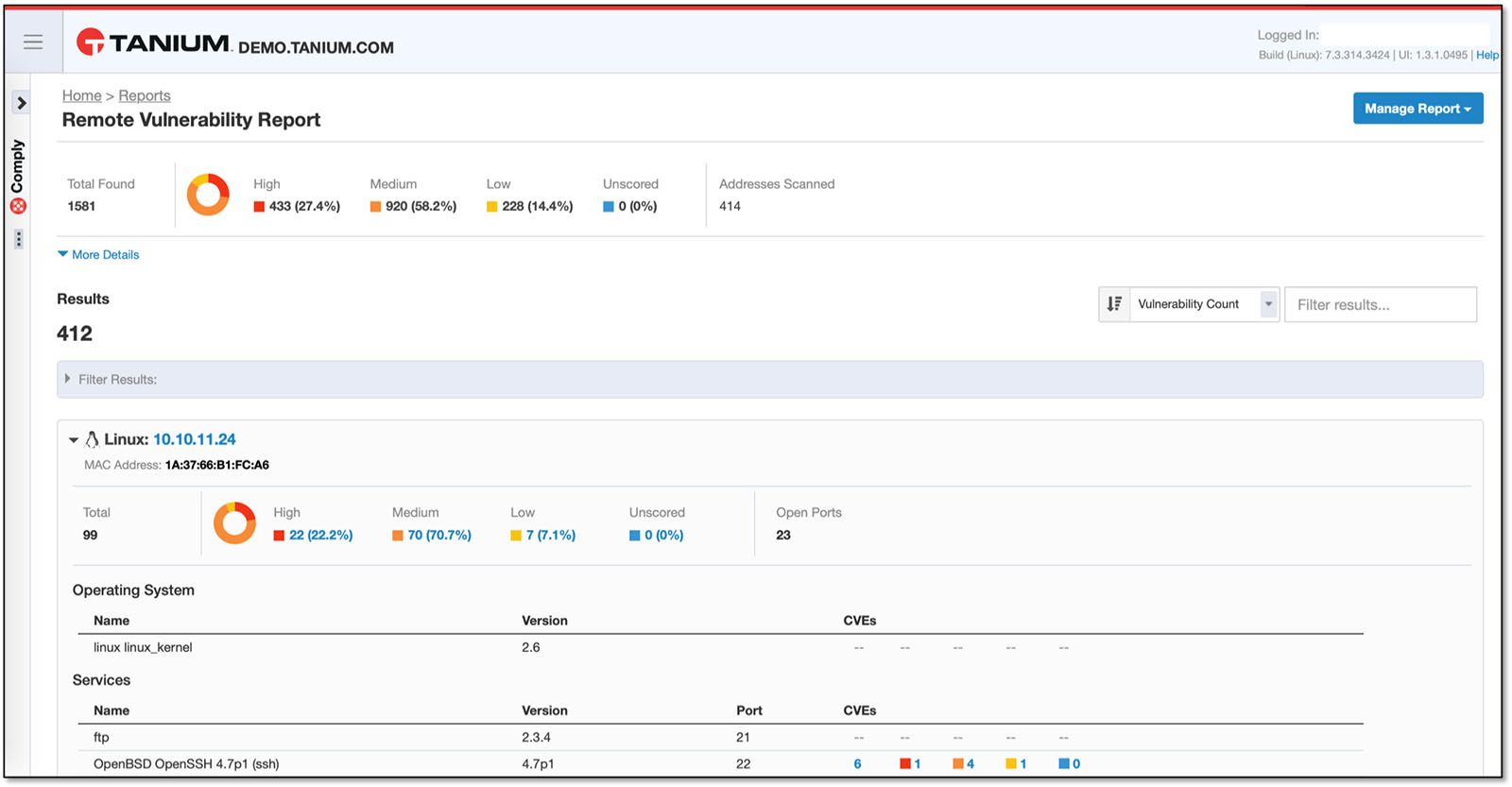 Schermata del rapporto sulle vulnerabilità remote di Tanium Comply