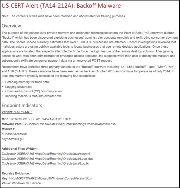 Documento di allerta dell’US-CERT che illustra gli indicatori del malware Backoff, tra cui l’hash MD5 , i percorsi dei file e le chiavi di registro