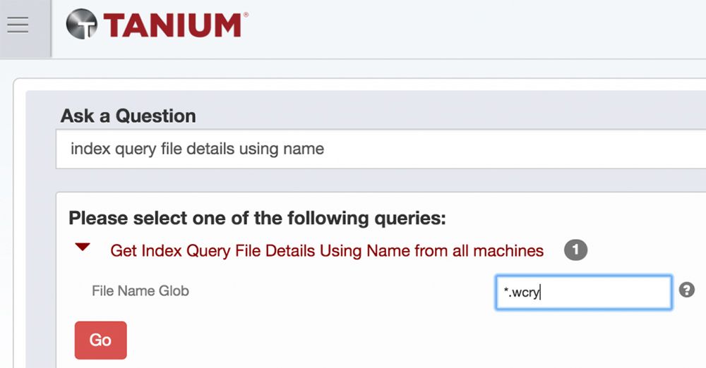 Tanium interfaccia di ricerca per individuare file su computer in base a un modello di nome file specificato