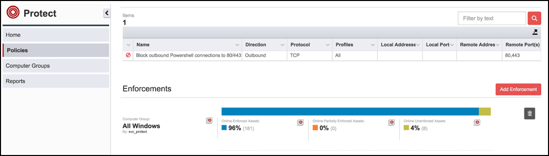 Schermata di “ Tanium Protect ” che mostra l’applicazione delle politiche del firewall e le metriche relative alla sicurezza delle connessioni