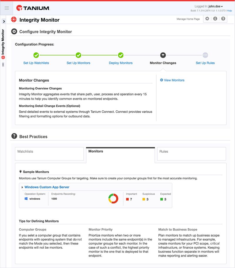 Schermata della pagina relativa all’avanzamento della configurazione di “ Tanium Integrity Monitor ”, che illustra i passaggi necessari per l’impostazione delle liste di controllo e dei monitor