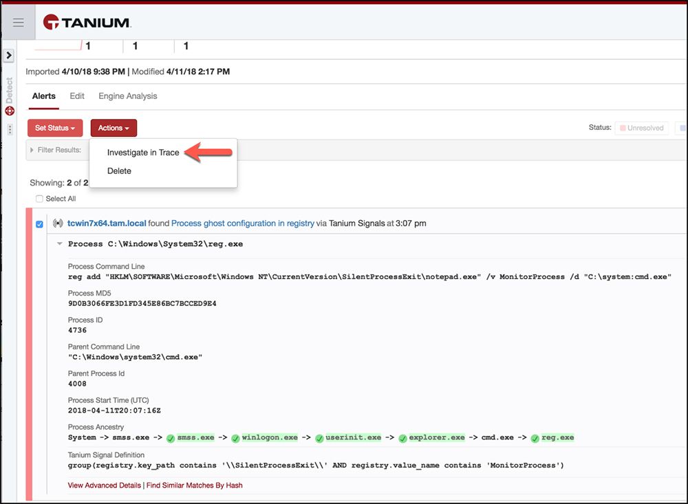 Tanium Segnali di avviso relativi al rilevamento di configurazioni fantasma del processo
