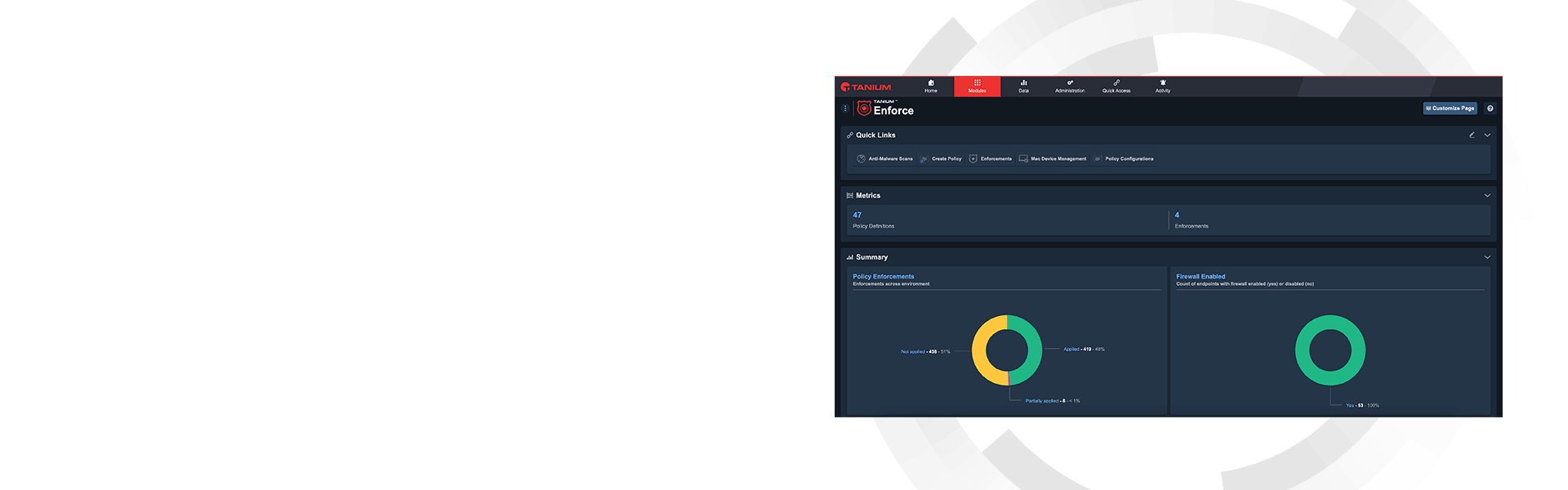 Mockup della dashboard hero di Tanium Enforce con visualizzazione della gestione delle policy