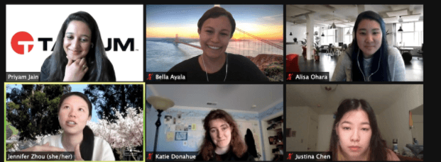Screenshot of Tanium employee video call showing 6 participants including Priyam Jain, Bella Ayala, Alsa Chisri, Jennifer Zhou, Katie Donahur, and Justina Chan