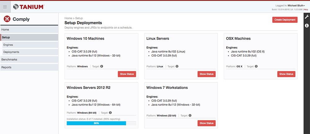 Tanium Comply dashboard che mostra i programmi di distribuzione sui diversi sistemi operativi