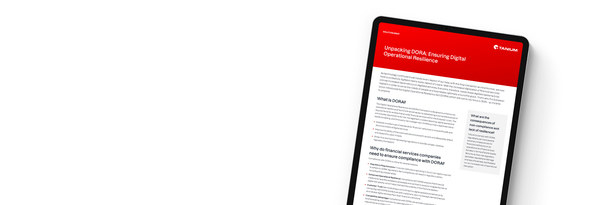 Tablet che mostra il solution brief 'Analisi del DORA: Garantire la resilienza operativa digitale'