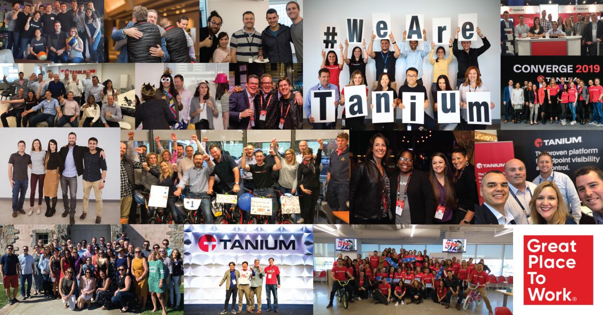 Collage raffigurante i dipendenti di Tanium e gli elementi di branding dell’azienda, tra cui il logo dell’evento CONVERGE 2019 e il premio “Great Place to Work”
