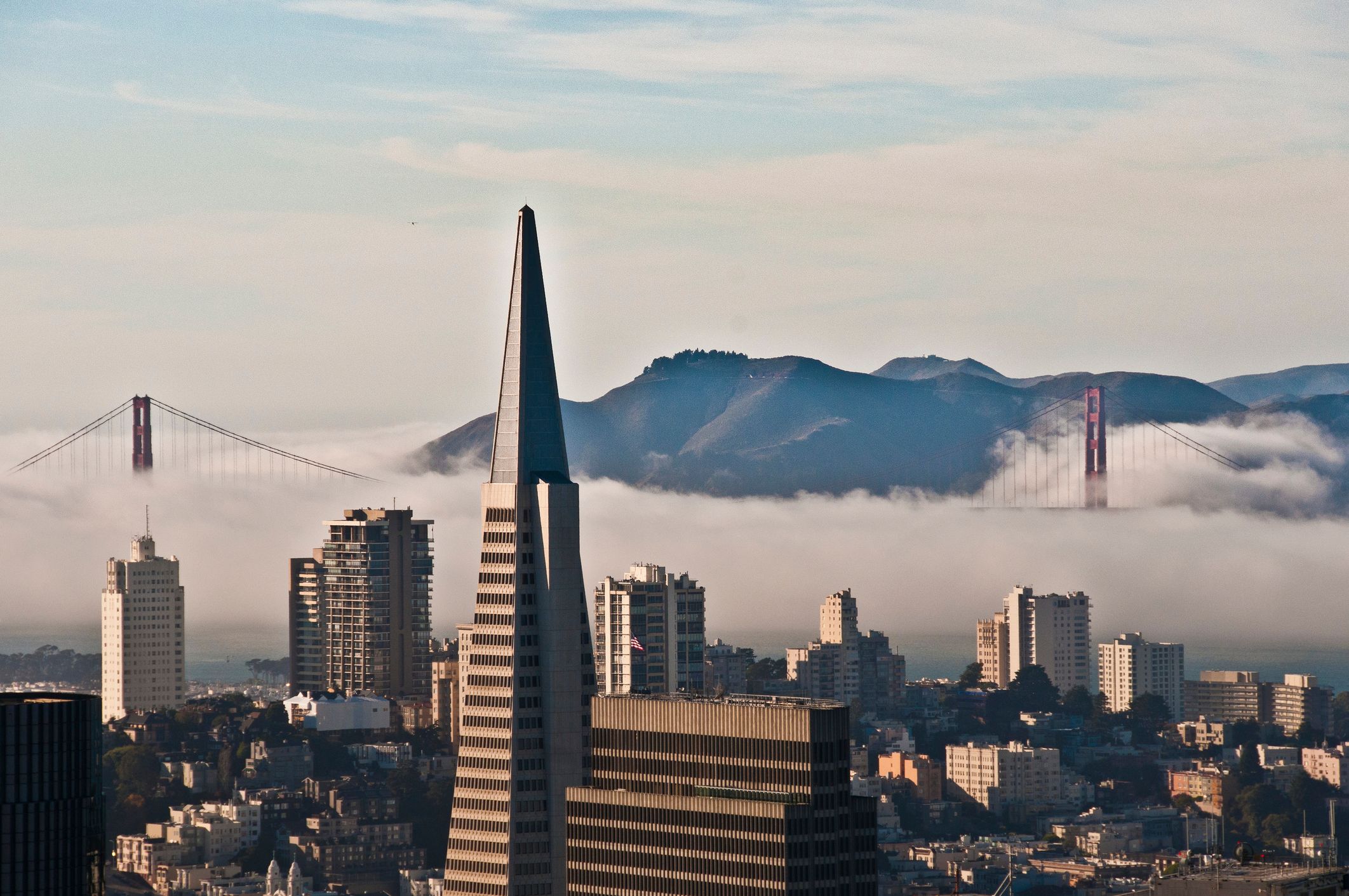 Una foto dello skyline di San Francisco, con la torre Transamerica Pyramid in primo piano e il Golden Gate Bridge che emerge dalla nebbia sullo sfondo.