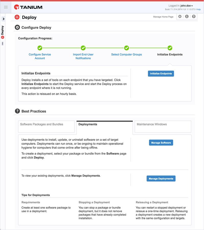 Schermata della procedura di configurazione di “ Tanium Deploy ” che mostra la fase di inizializzazione degli endpoint con le migliori pratiche per la gestione del software