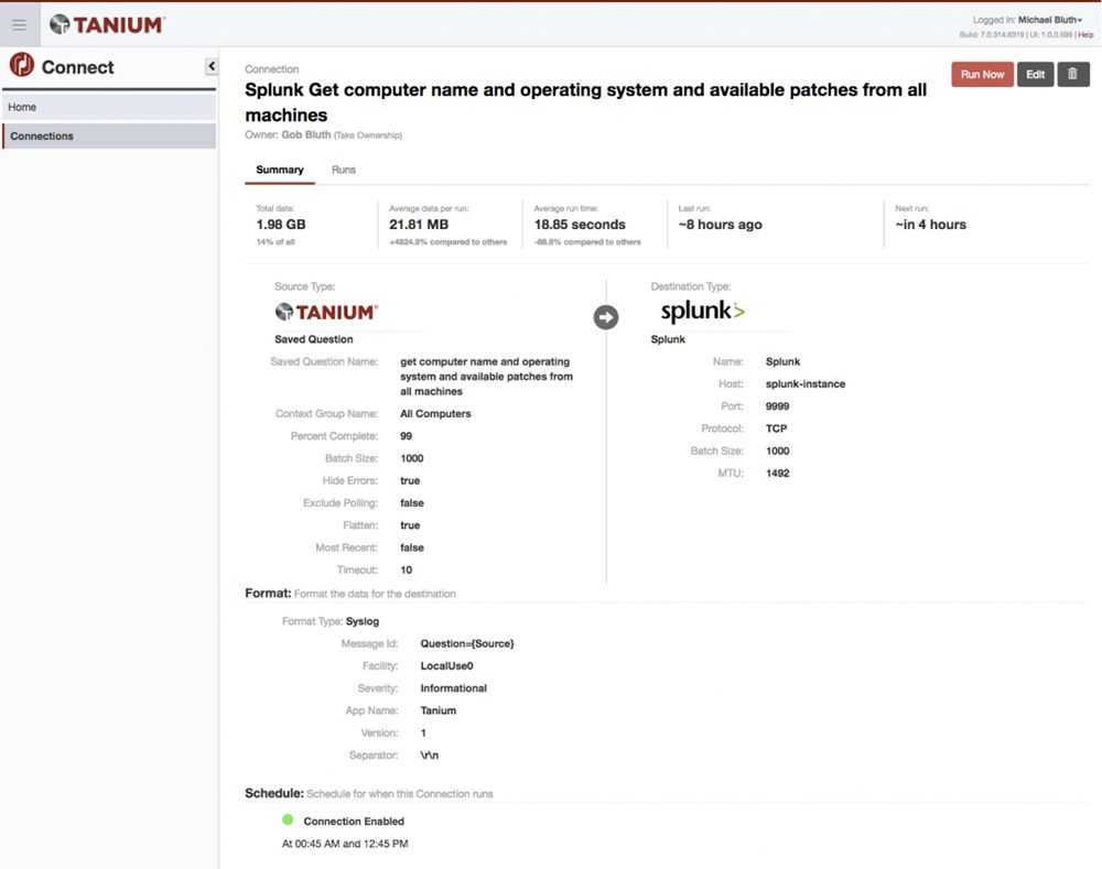 Tanium Connect dashboard di integrazione che mostra la connessione tra l' Splunk e e i risultati della query sull'inventario dei computer