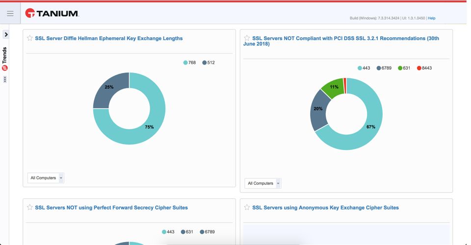Tanium trends schede che indicano SSL server non conformi a PCI DSS e con impostazioni di scambio delle chiavi non adeguate