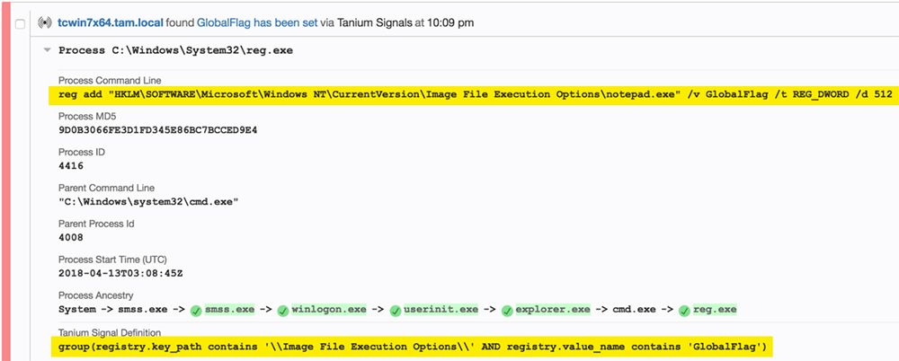 Tanium Trace illustrazione della tecnica di fusione delle strutture del Registro di sistema ai fini della persistenza
