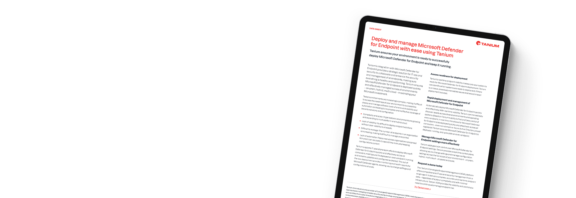 Tablet che mostra il datasheet 'Tanium + Microsoft Defender for Endpoint'
