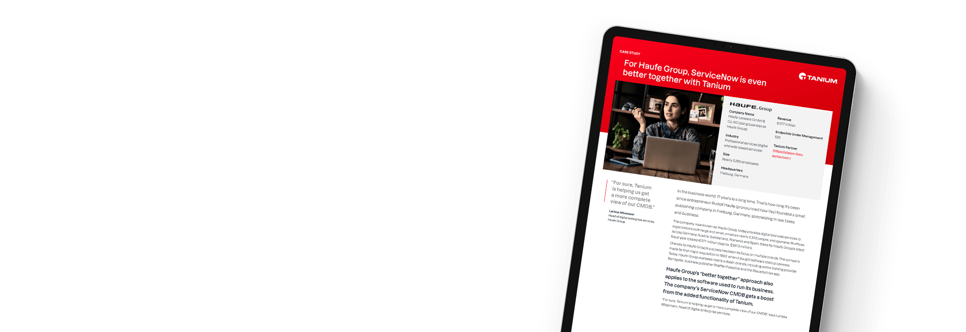 Tablet showing Haufe Group ServiceNow case study