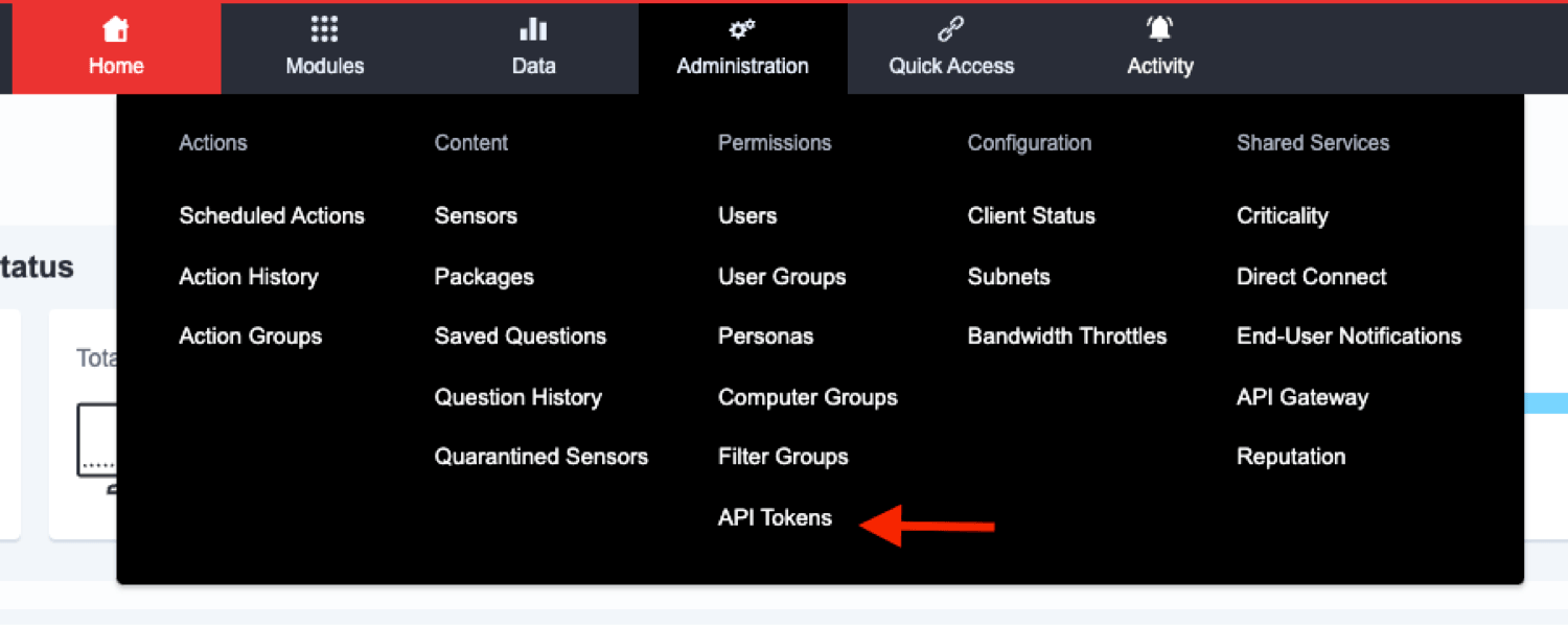Schermata 1: illustra dove creare i token API all’interno della console di Tanium