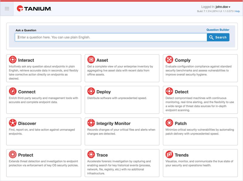 Screenshot della pagina iniziale della piattaforma Tanium che mostra le azioni da intraprendere, tra cui Interact, Asset, Comply, Connect, Deploy, Detect, Discover, Integrity Monitor, Patch, P…