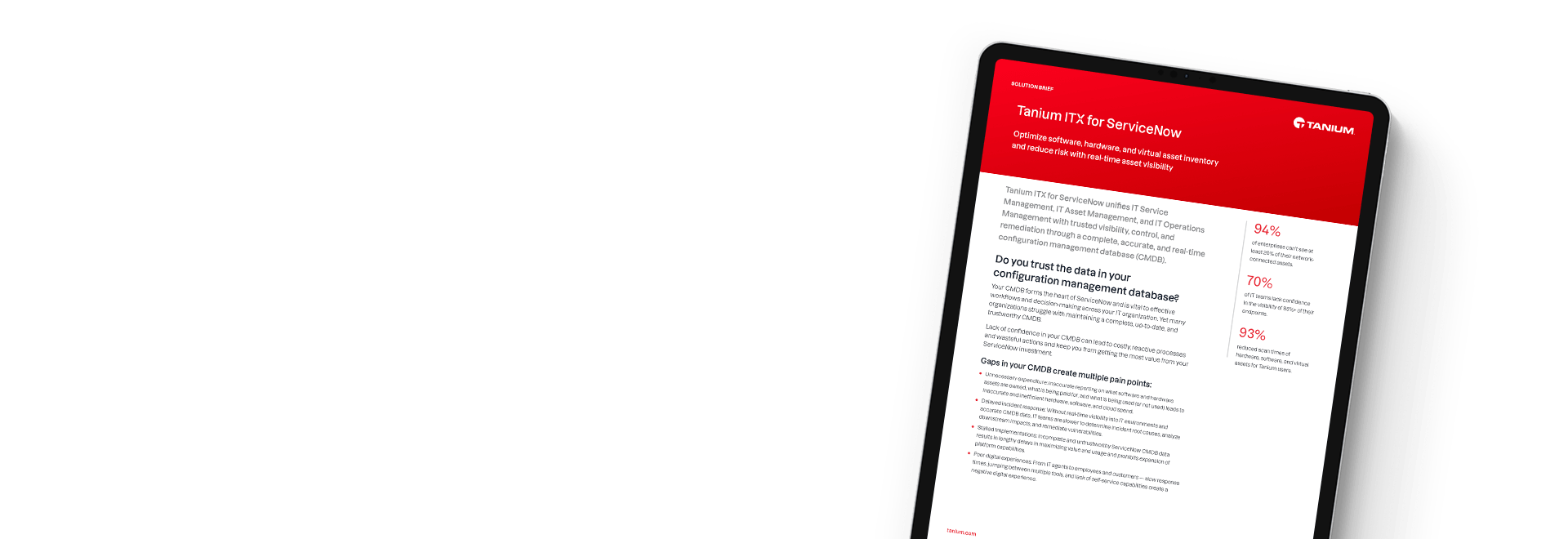 Tablet che mostra il solution brief di Tanium ITX per ServiceNow con una panoramica dell'integrazione