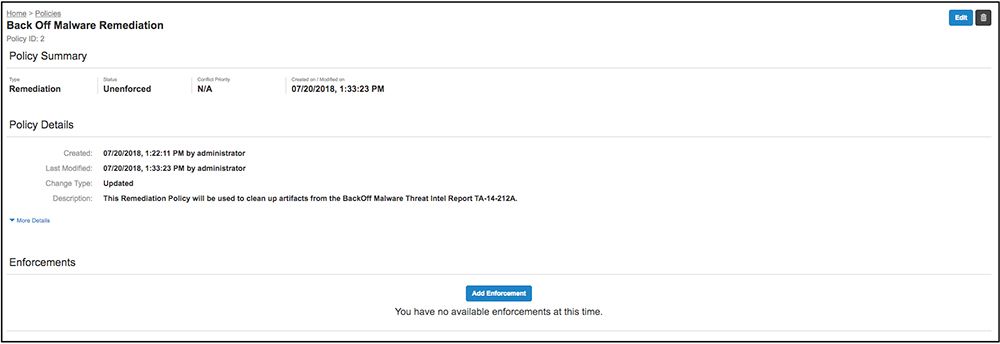Tanium Protect pagina di sintesi della politica relativa alla rimozione del malware, che illustra lo stato di implementazione e i dettagli