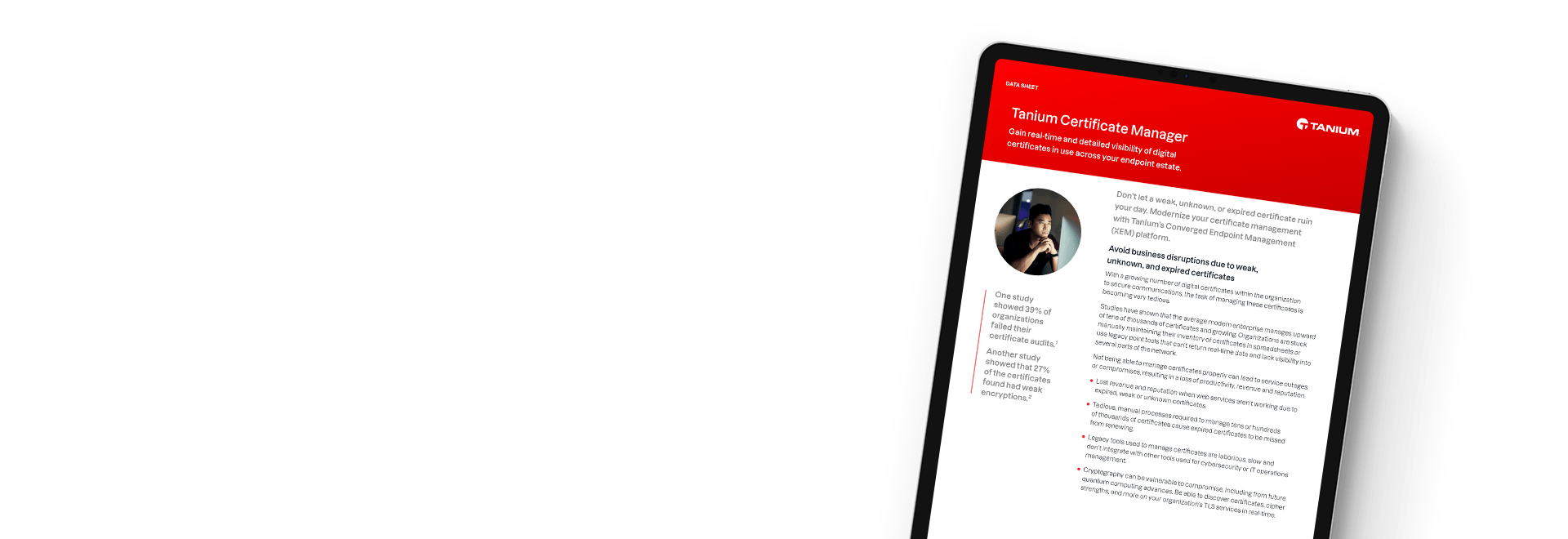 Tablet che mostra il datasheet di Tanium Certificate Manager con orientamento verticale