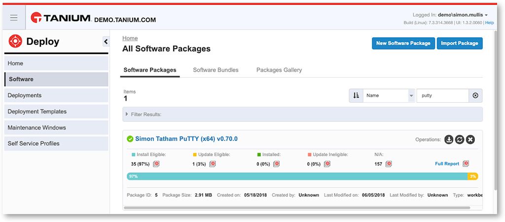 Schermata della pagina “ Tanium Deploy ” (Tutte le suite software) che mostra la suite software PuTTY di Simon Tatham con lo stato di implementazione
