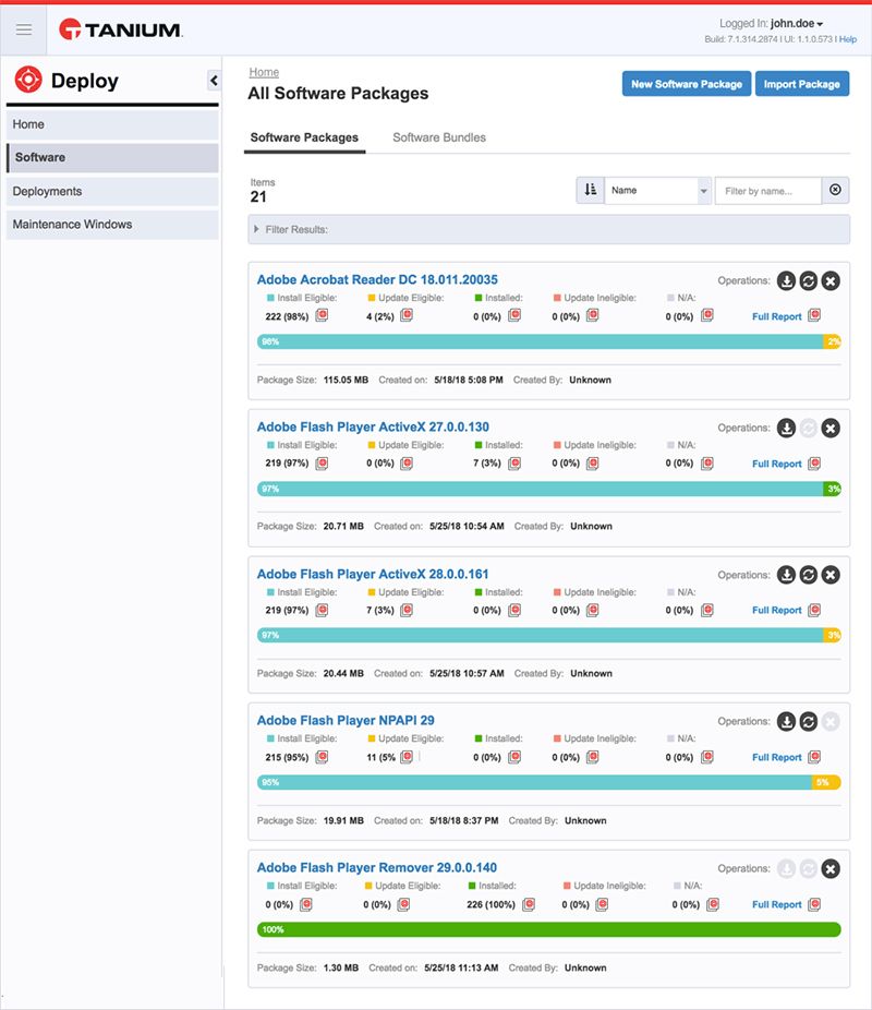 Screenshot della pagina dell'elenco dei software di Tanium Deploy che mostra 21 pacchetti installati, tra cui Adobe e Flash Player