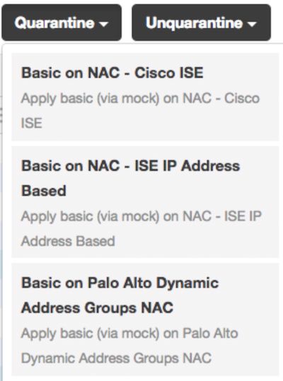 Schermata delle opzioni di controllo dell’accesso alla rete di NAC , tra cui “Quarantena”, “Rimuovi dalla quarantena” e “Gruppi di indirizzi dinamici Palo Alto”