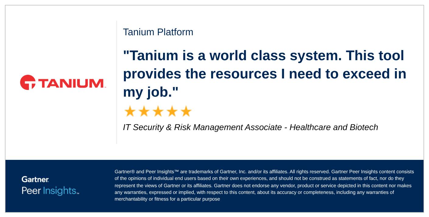 Gartner review snippet featuring a quote from an IT Security & Risk Management Associate praising Tanium Platform with five-star rating