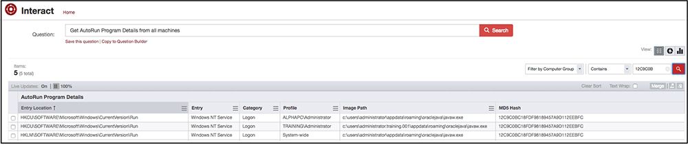 Tanium Interact query che visualizza i dettagli del programma ad avvio automatico e le informazioni del Registro di sistema derivanti dall'analisi del malware